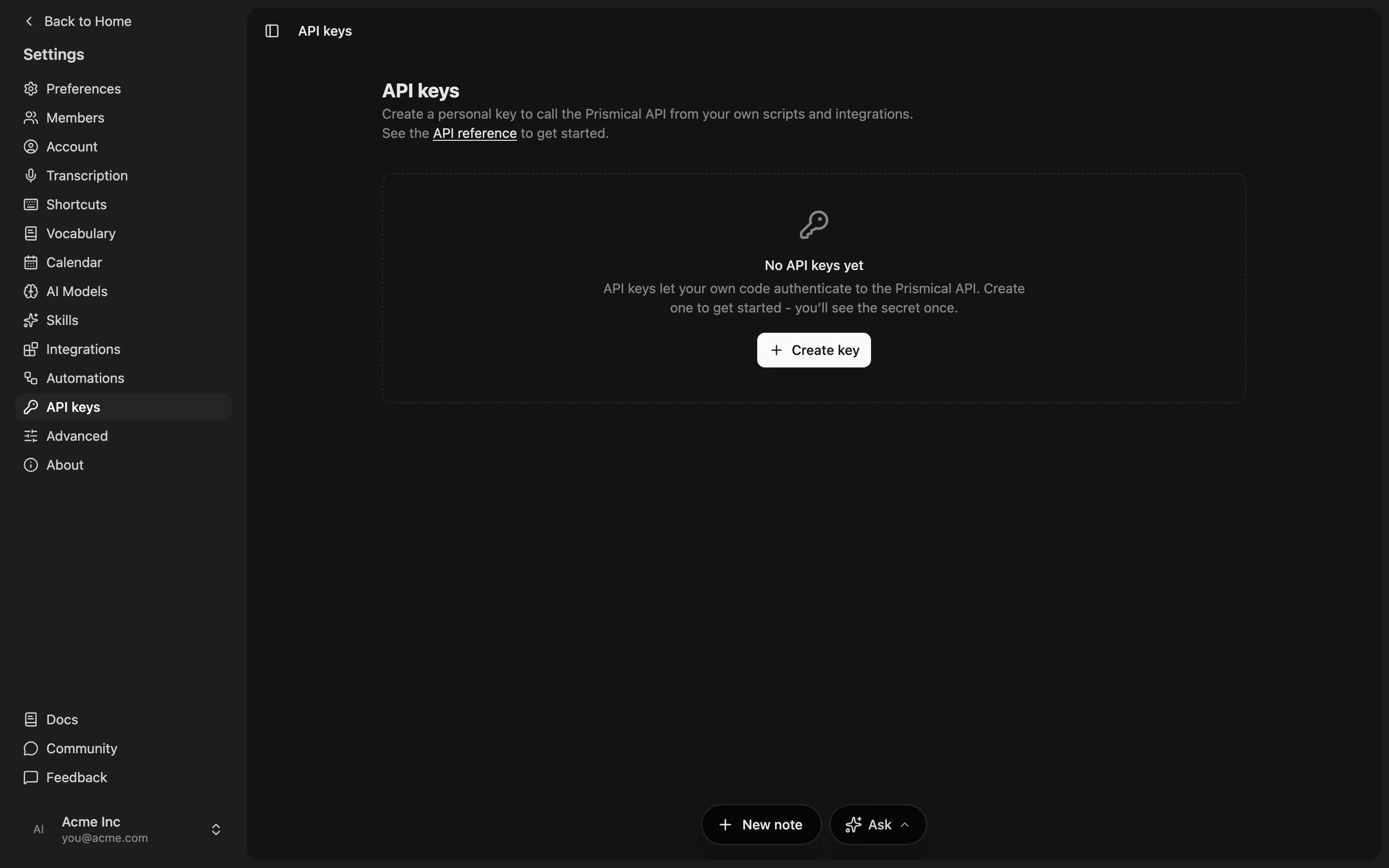 The API & MCP screen in Settings, with a button to create a personal key.