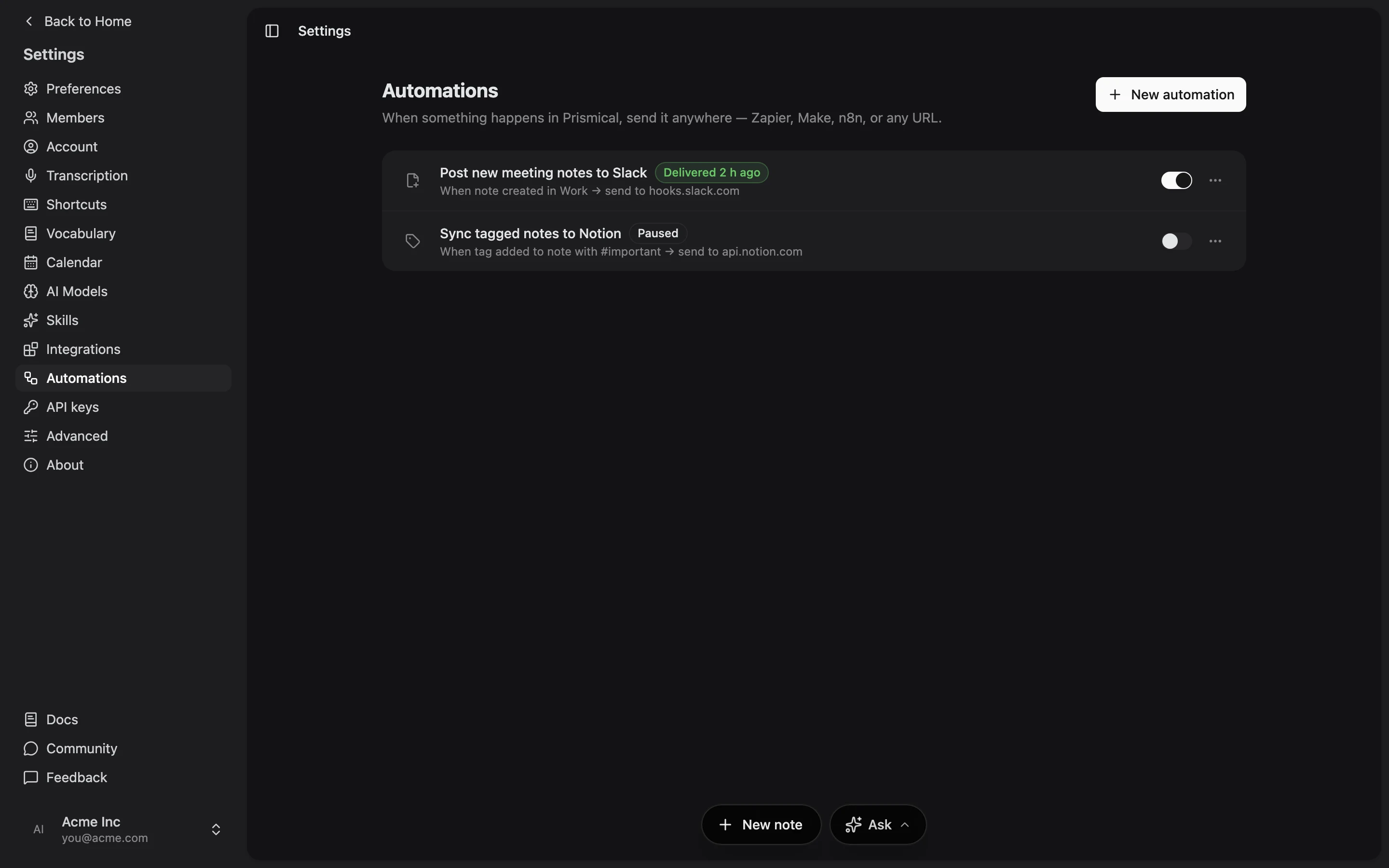 The Automations screen, listing a webhook that posts new meeting notes to Slack and one that syncs tagged notes to Notion.