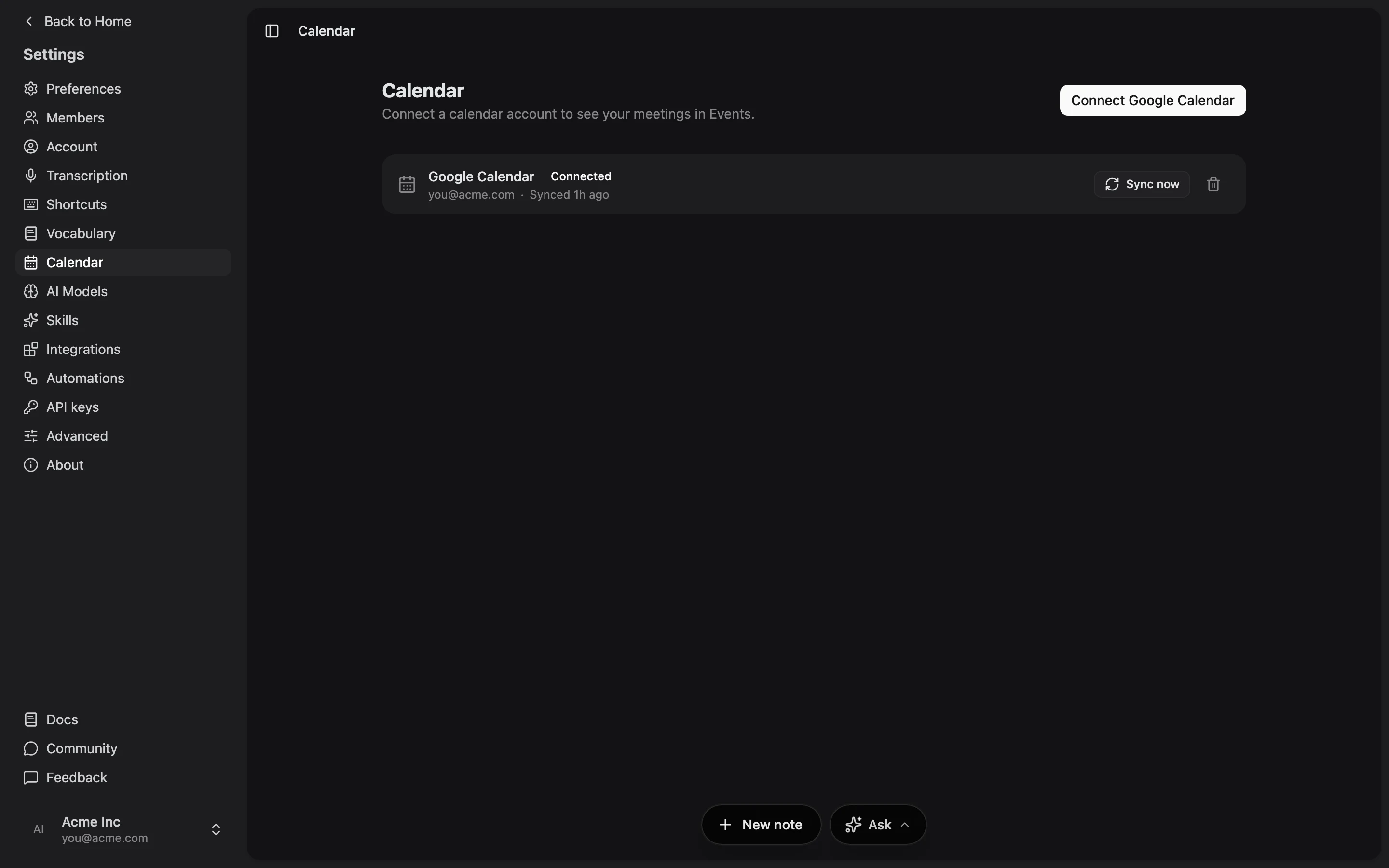 Settings → Calendar showing a connected Google Calendar with its last sync time.