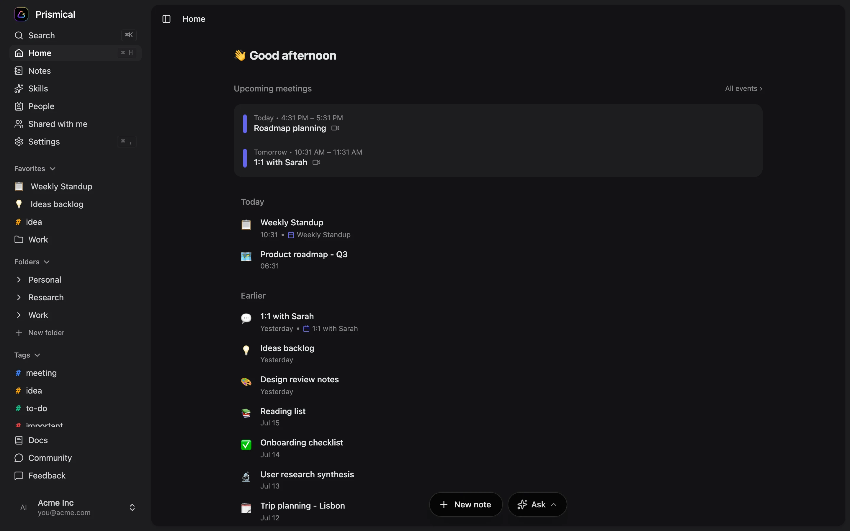 The Prismical web app on Home, showing upcoming meetings and recent notes.