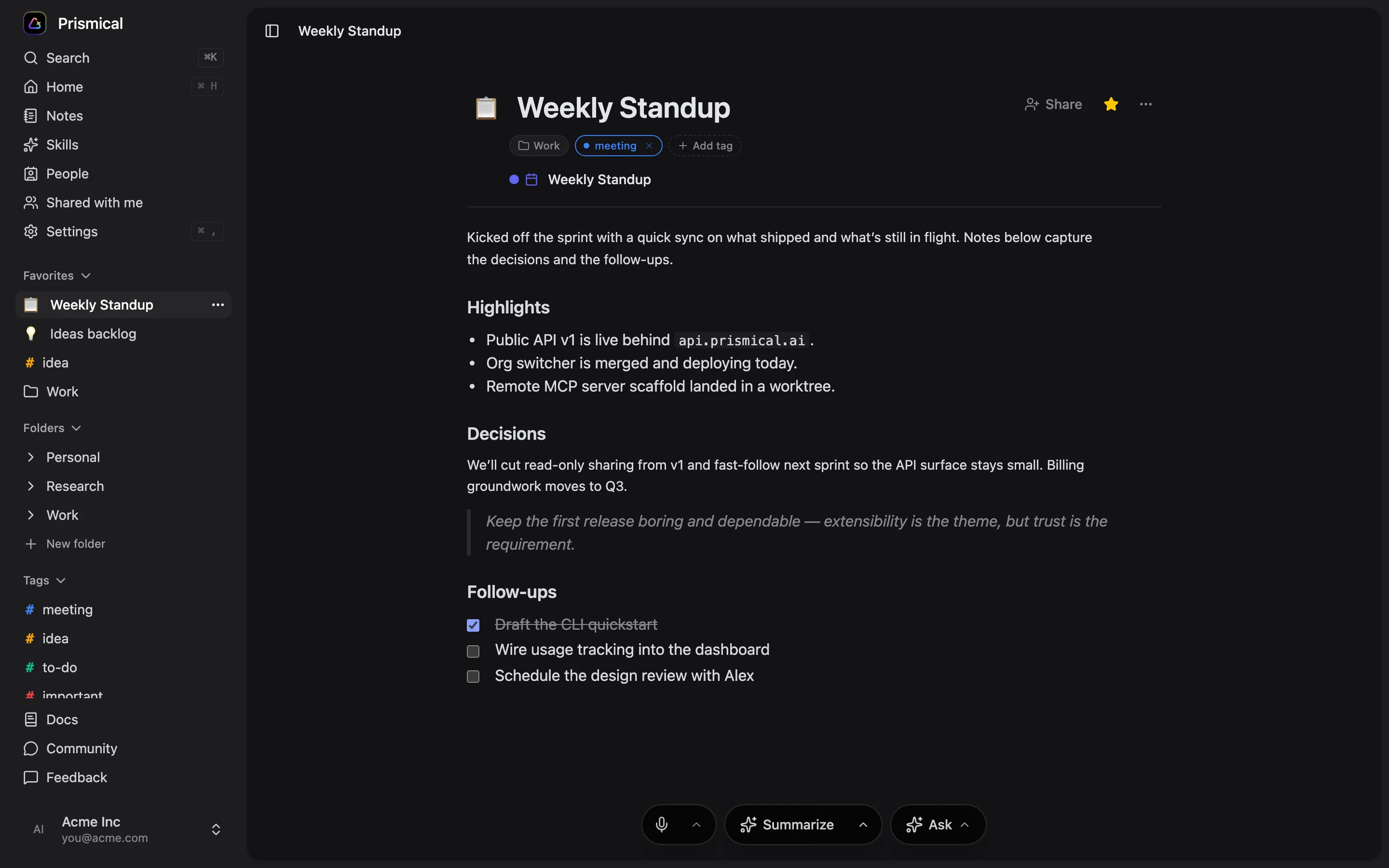 A note open in the Prismical editor, with tags, a linked calendar event, and the dock for recording, skills, and Ask.