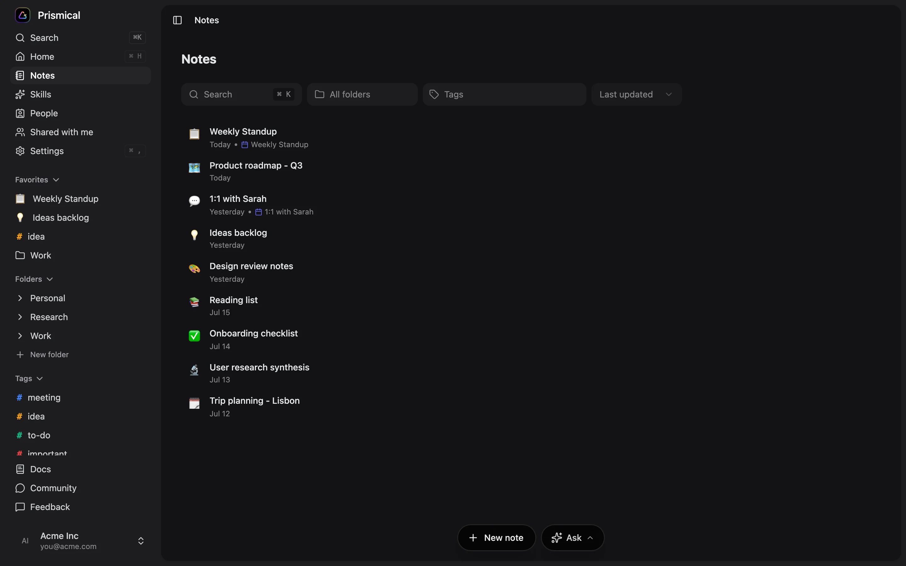 The notes list, grouped by date, with folder and tag filters across the top.