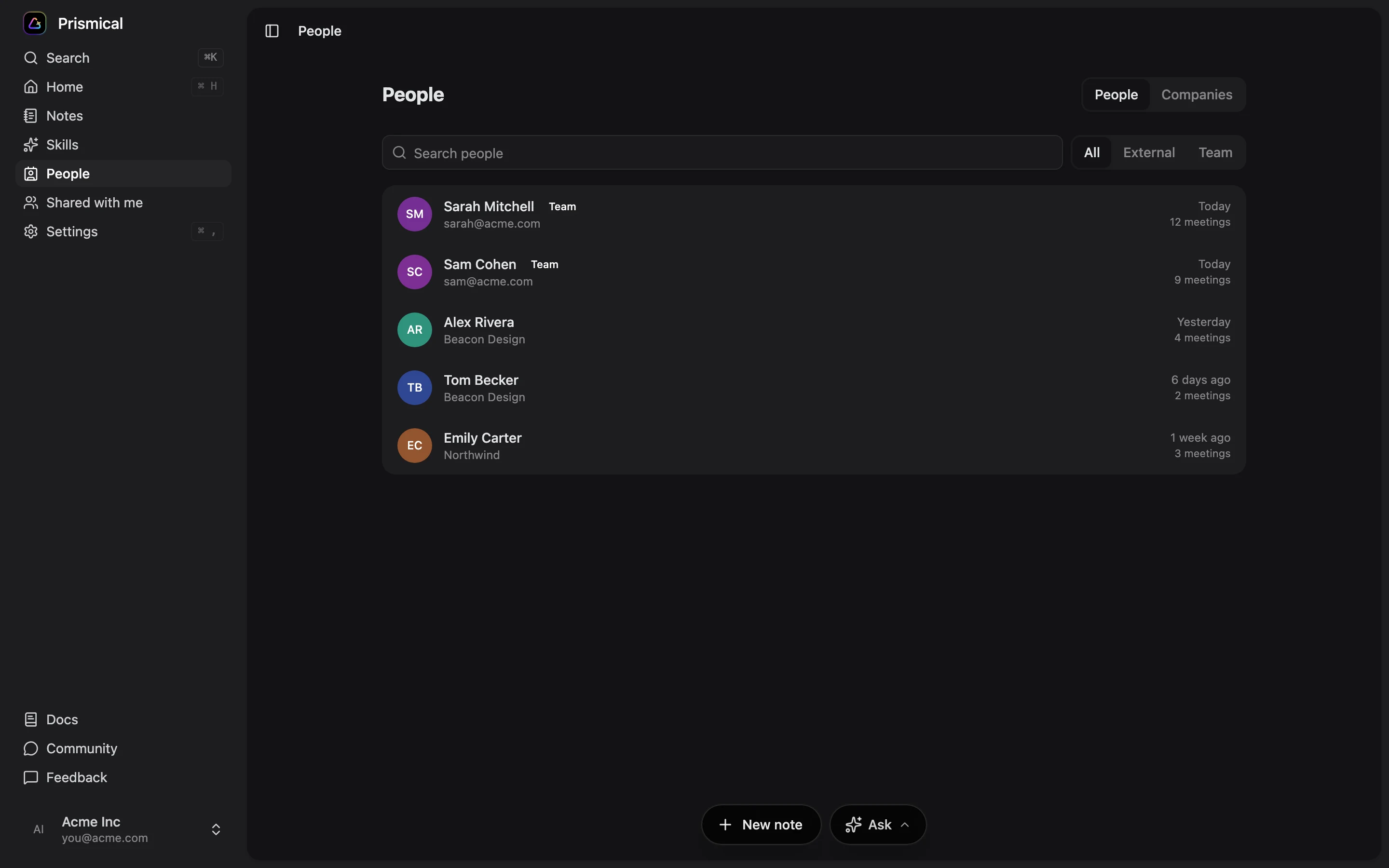 The People directory, listing contacts with their company and how many meetings you share.