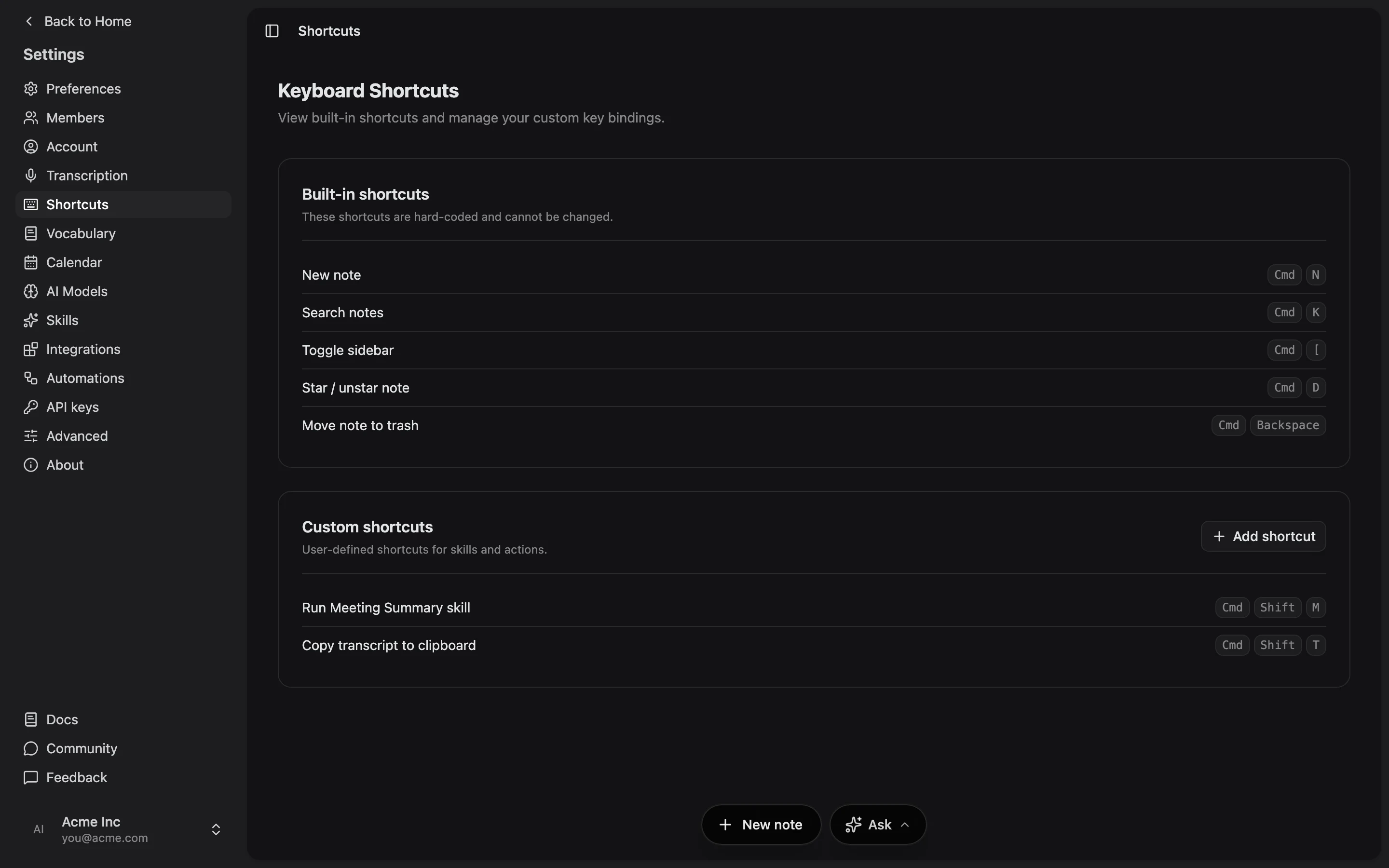 The Shortcuts screen in Settings, showing the built-in shortcuts and a section for custom ones.