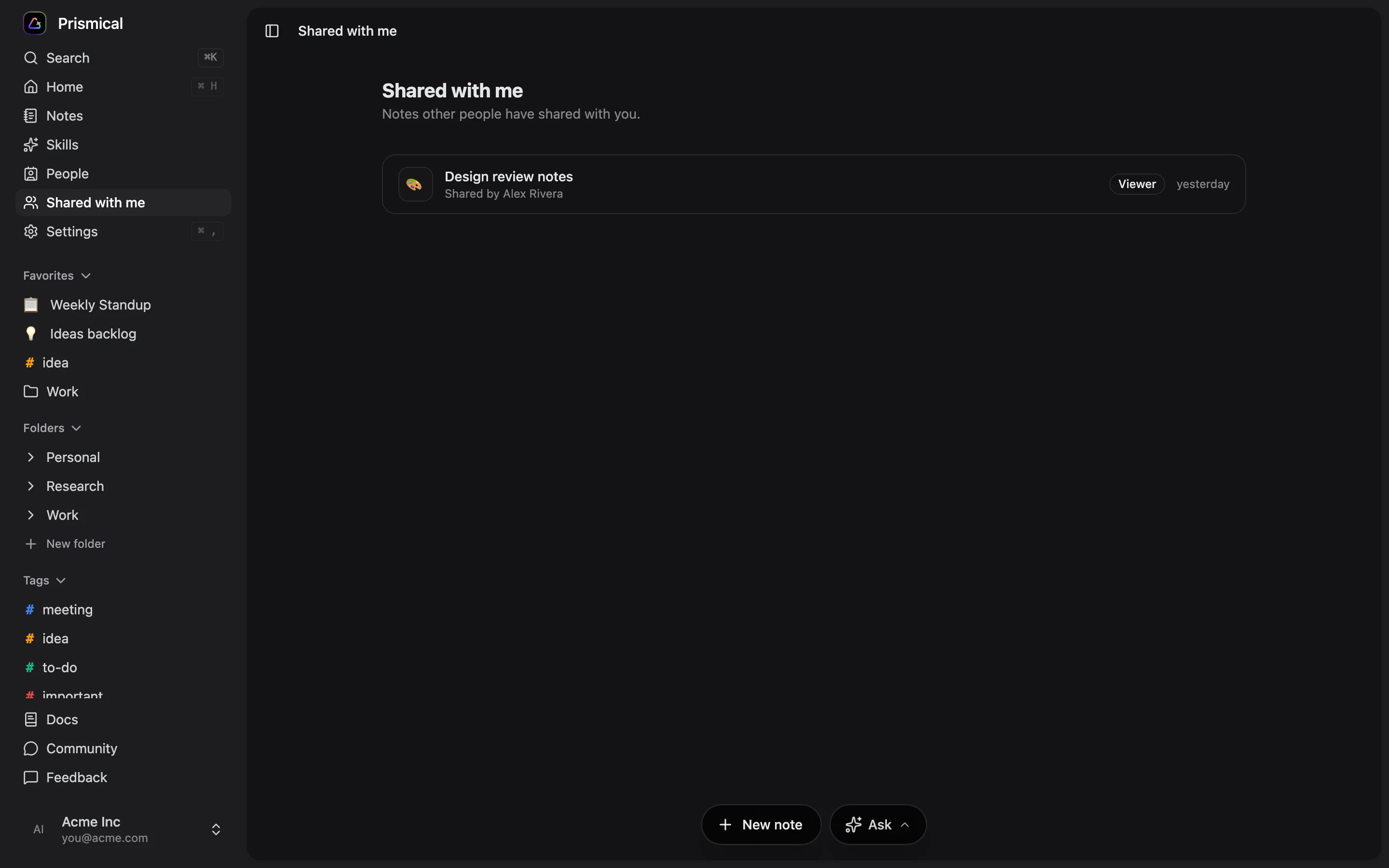 The Shared with me screen, listing a note someone shared with you and your role on it.