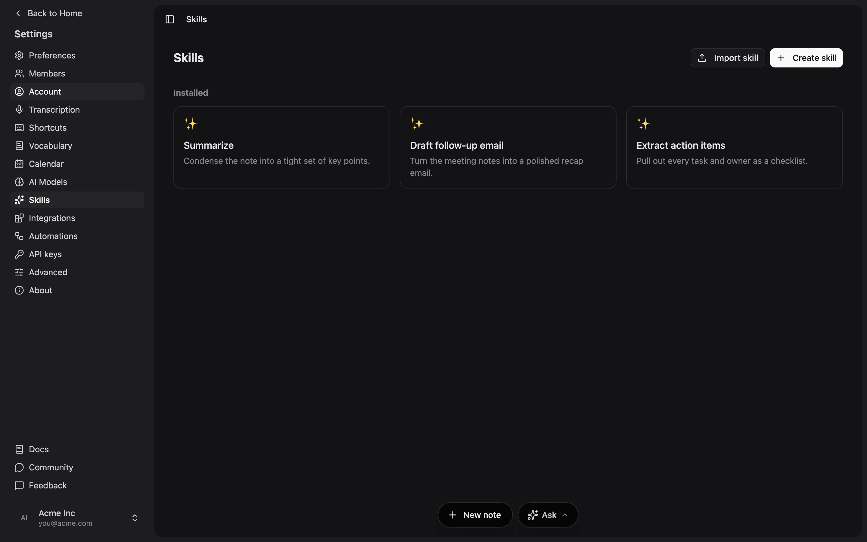 The Skills screen in Settings, showing built-in skills like Summarize, Draft follow-up email, and Extract action items.