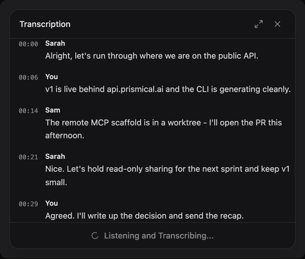The transcript panel, with each line timestamped and labeled by speaker.