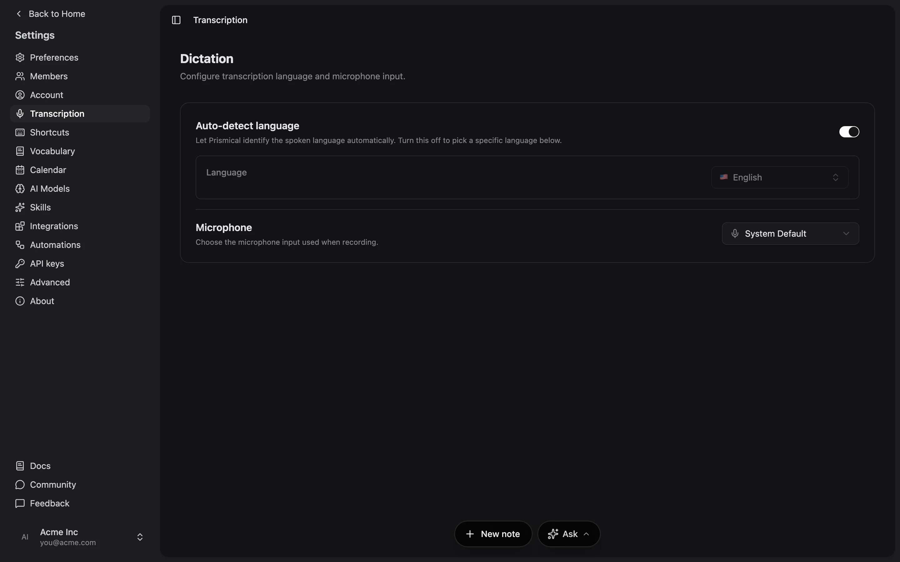 Settings → Transcription, with auto-detect language and a microphone picker.