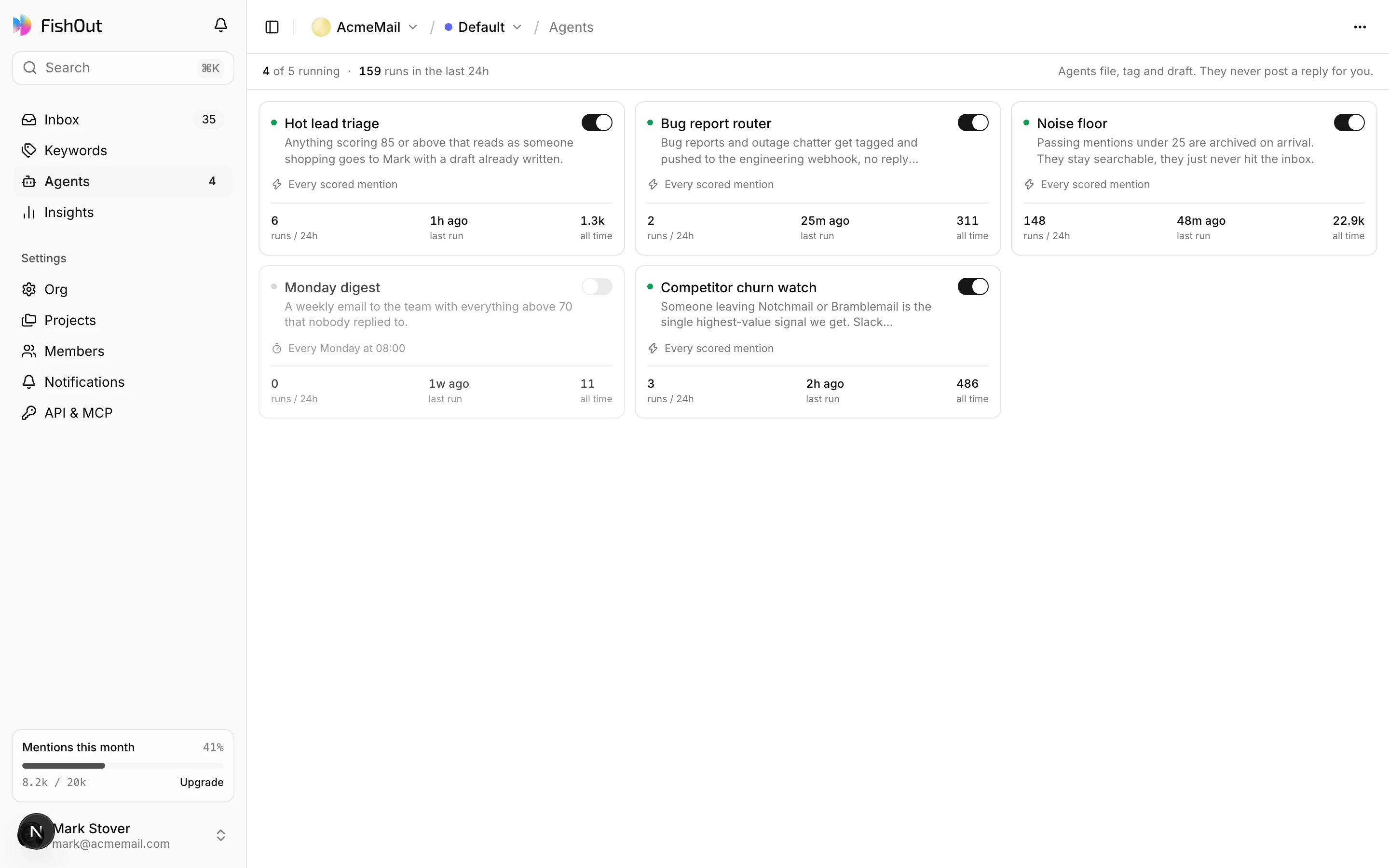 The agents screen: each agent with its rule and its run counts for the last 24 hours