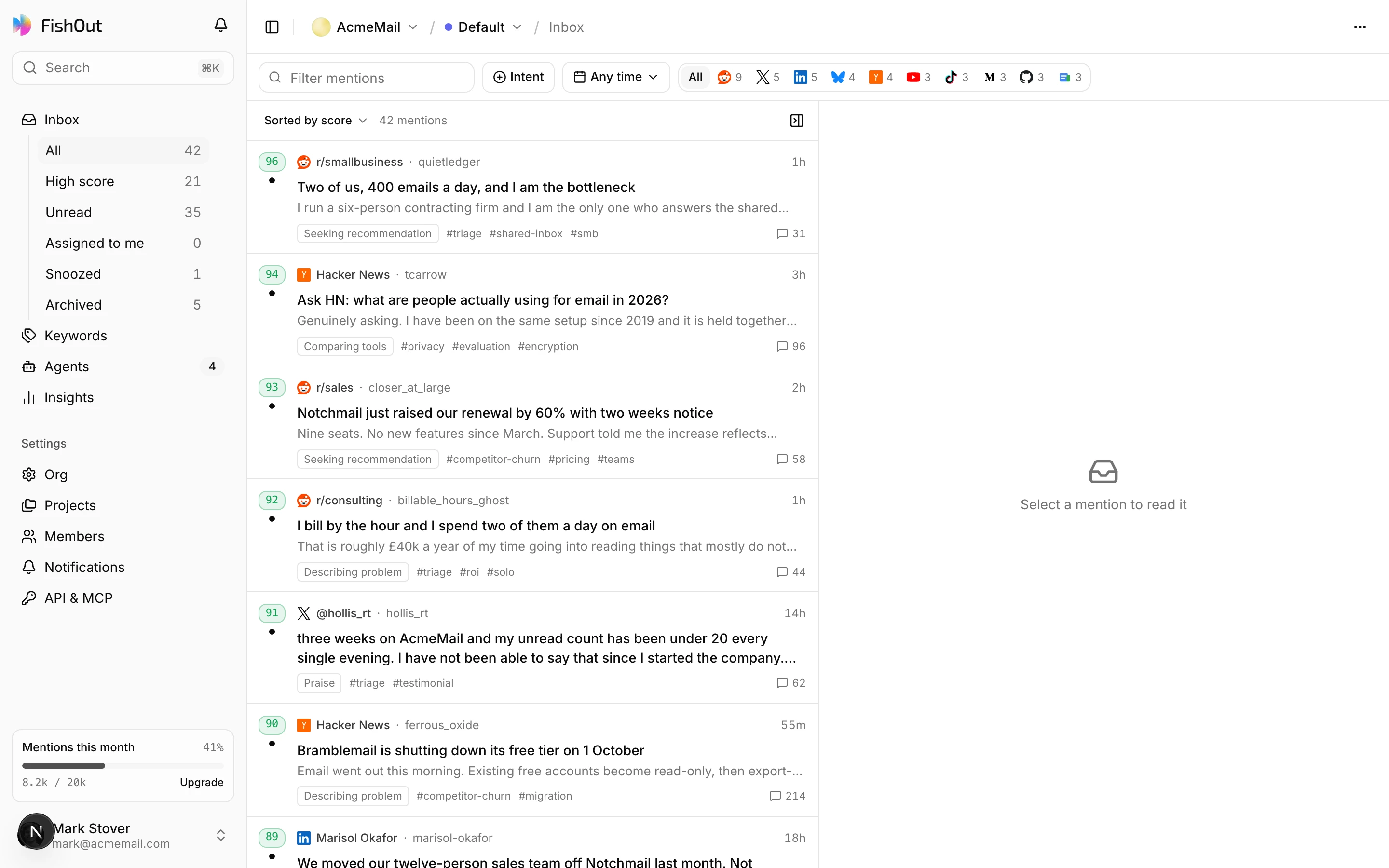 The FishOut inbox: a list of mentions with platform, author, headline, relevance and labels