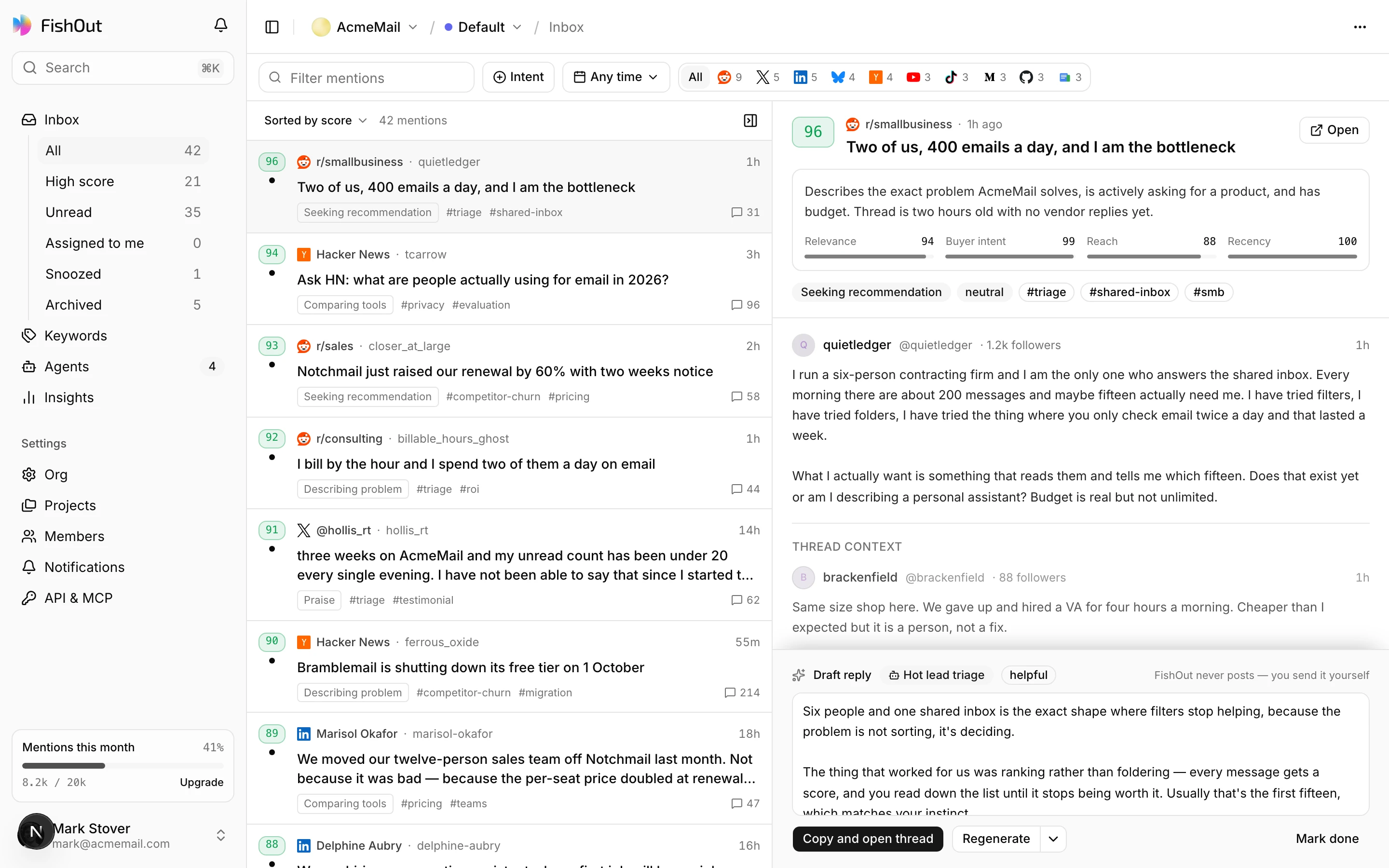 The FishOut inbox with a mention open, showing the post, its triage and a draft reply