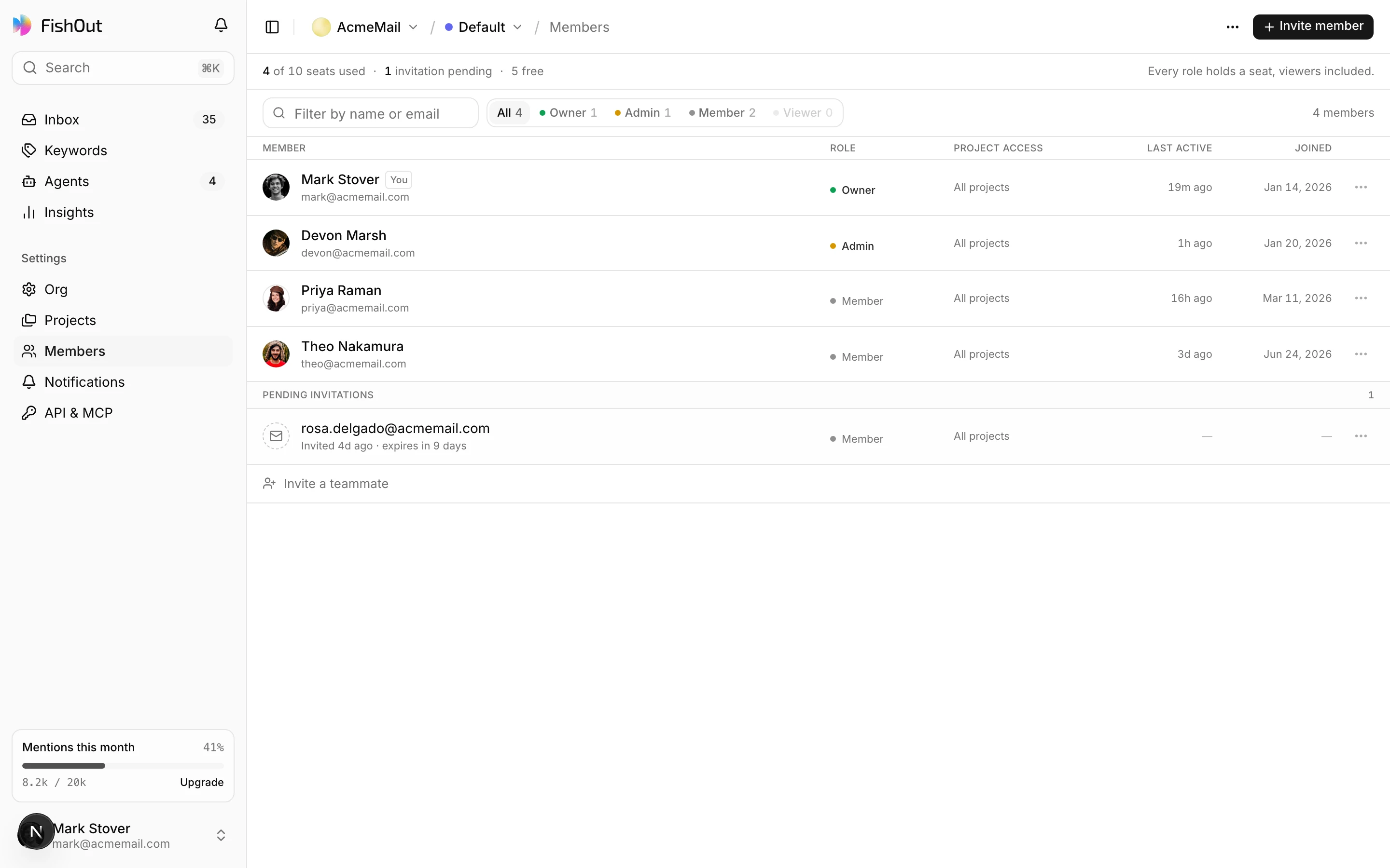 The members screen, showing each member's role and the projects they can see
