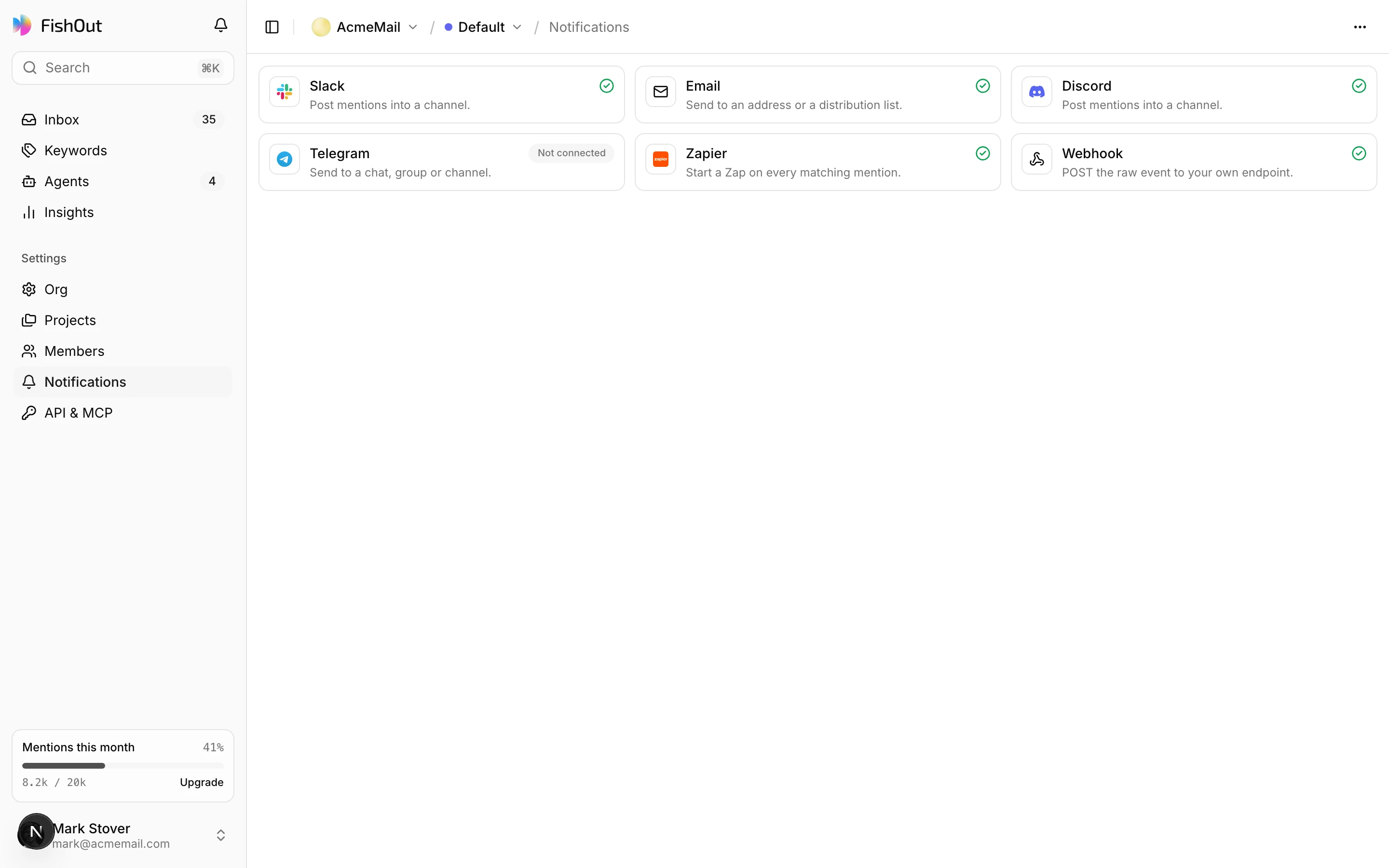 The notifications screen: channels with their destinations, relevance floors and delivery counts