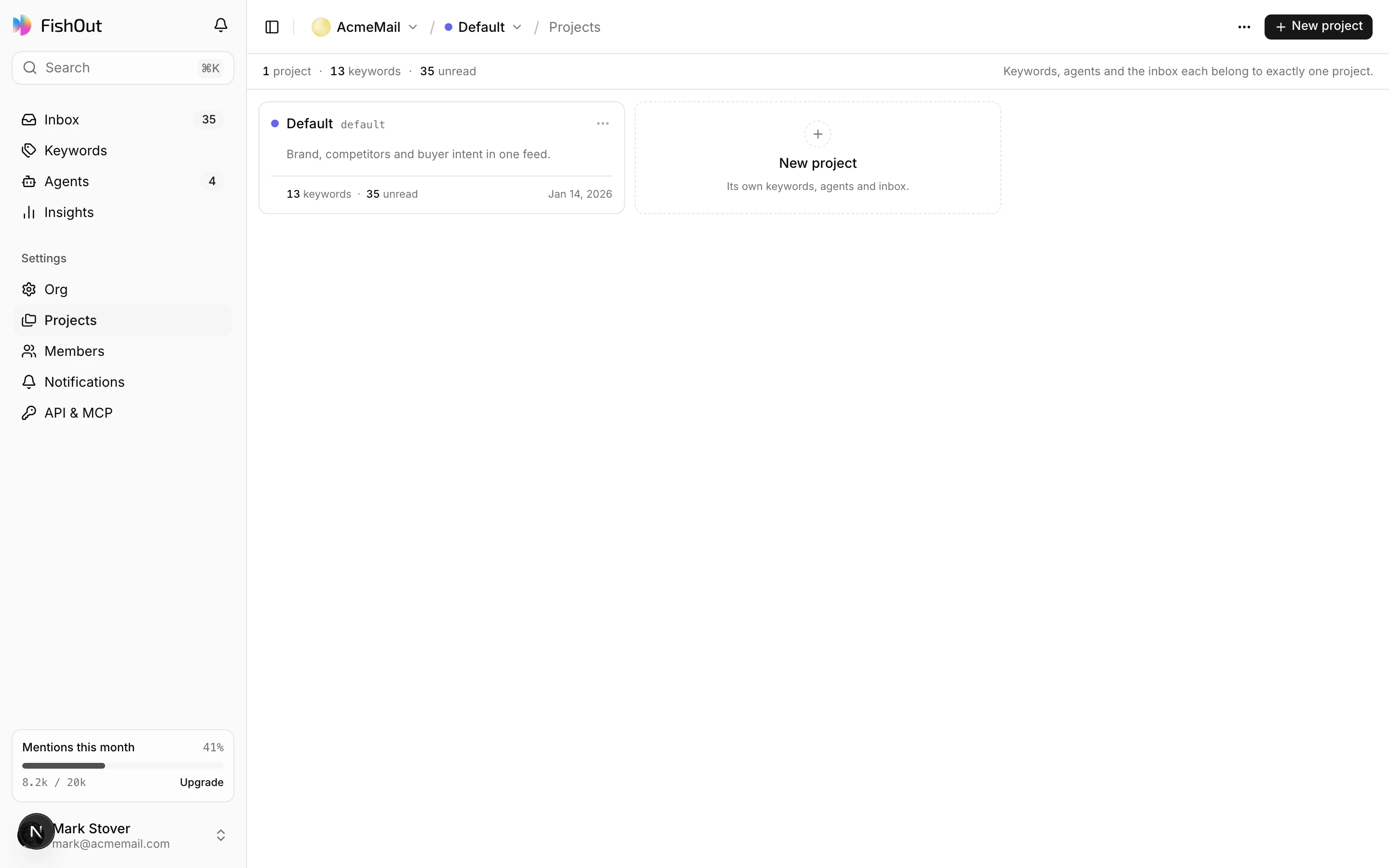 The projects screen, listing each project with its keyword count and members