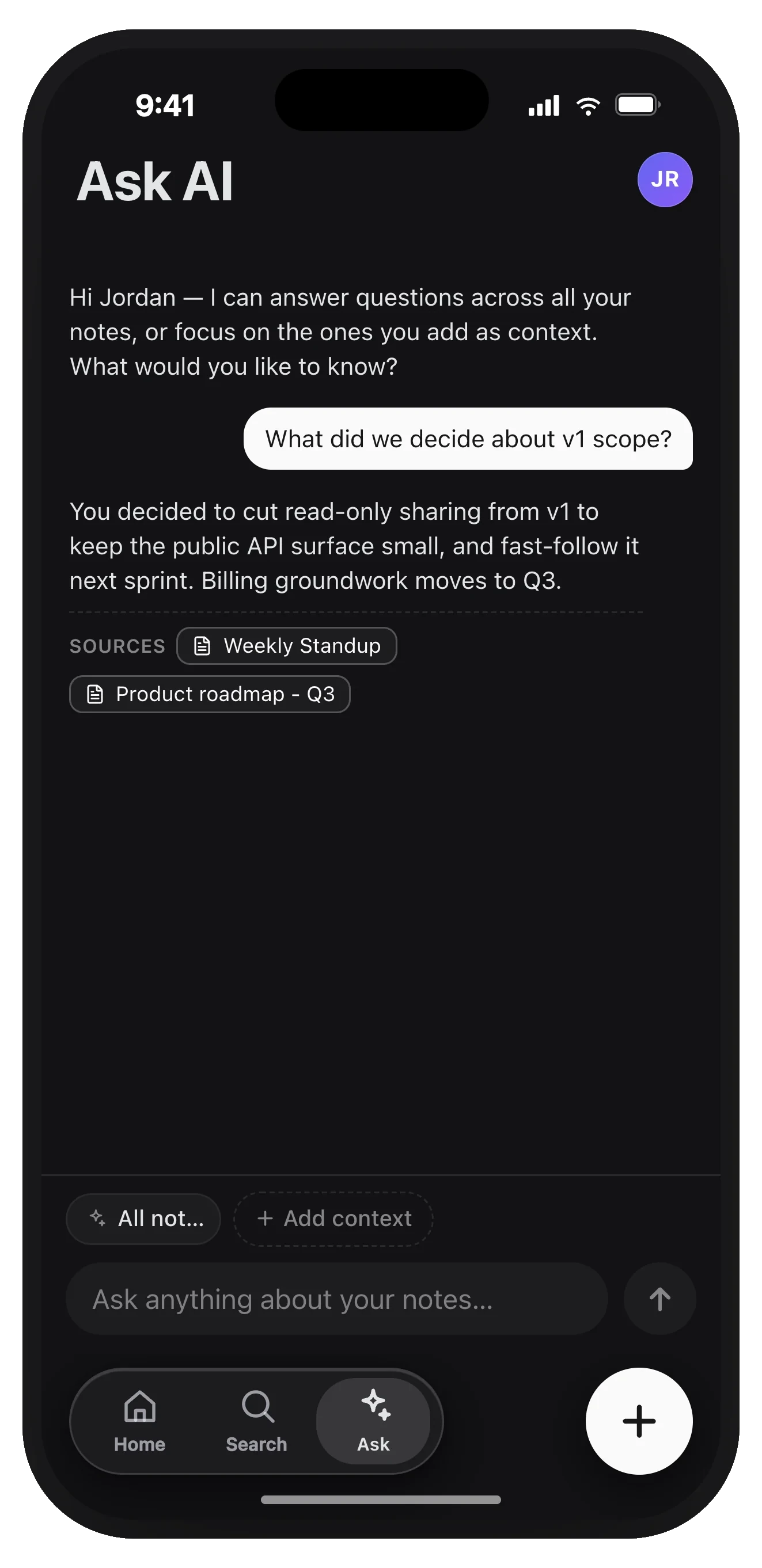 Ask AI on iPhone, answering a question with a Sources row beneath it