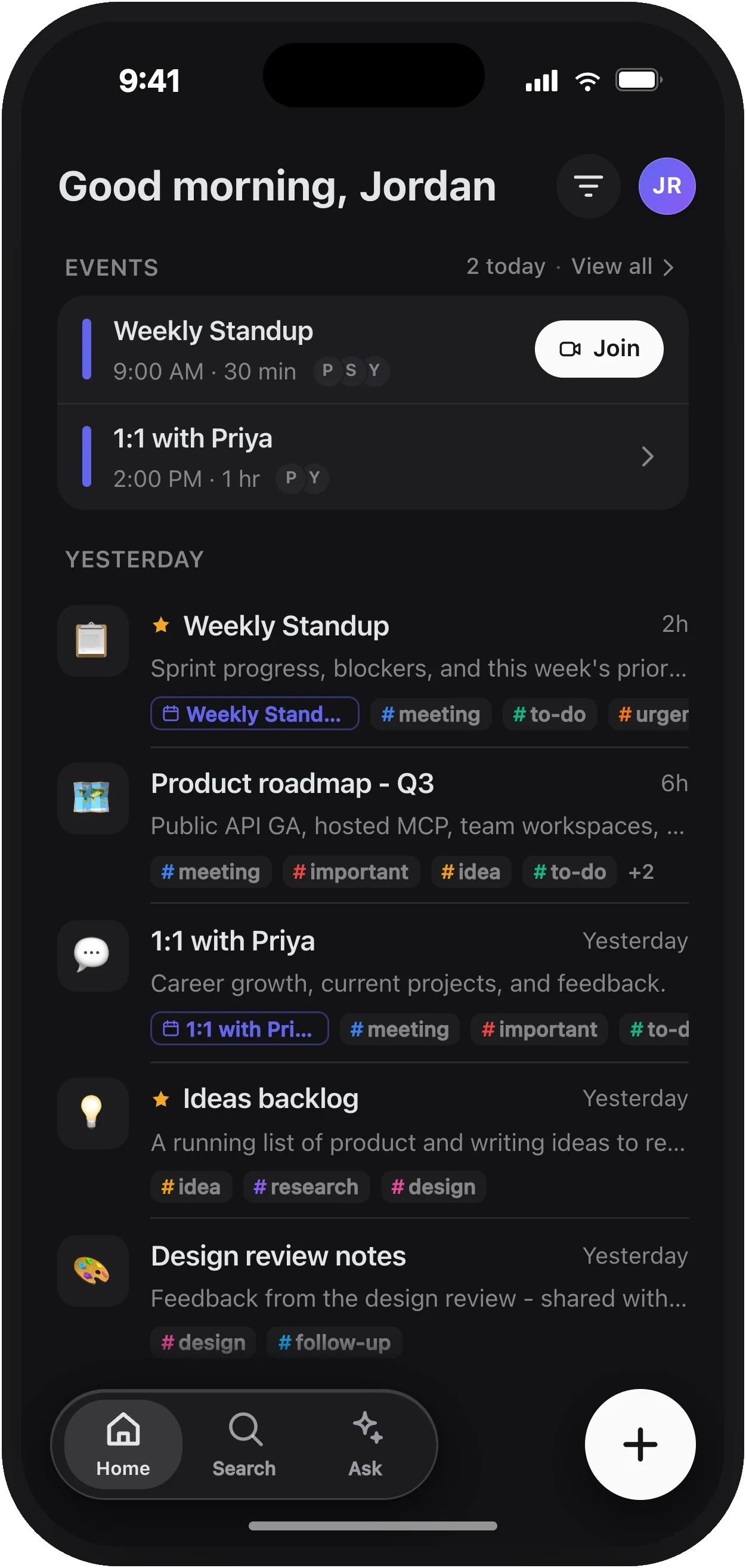 The Prismical home screen on iPhone, showing events and recent notes