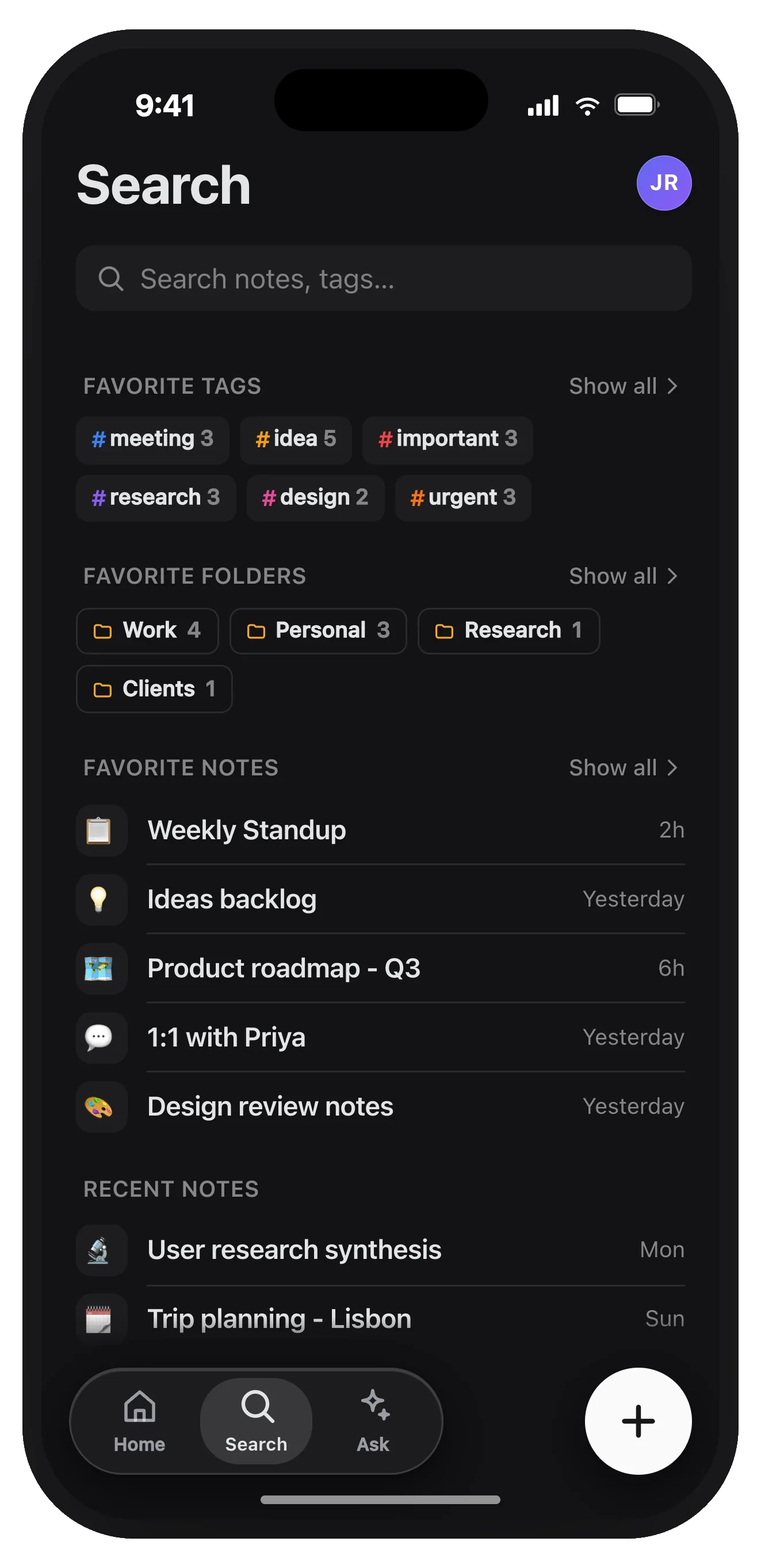 The Search tab on iPhone, with favorite tags and folders above recent notes.