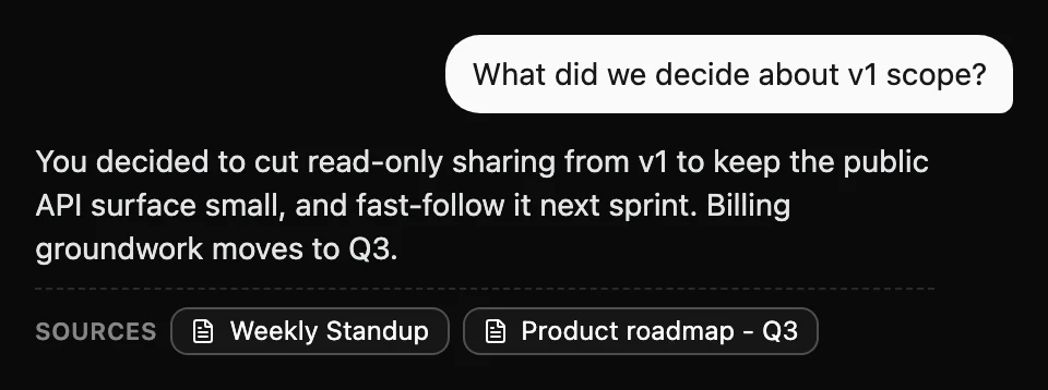 An Ask AI answer in the browser, ending with a Sources row linking the notes it drew on